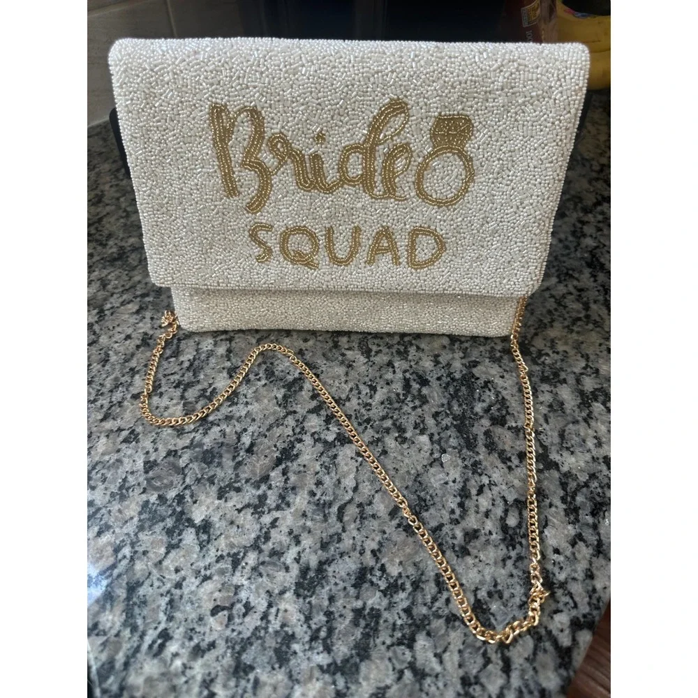 Bride Squad Beaded Clutch‎ Purse Gold Chain Rhinestone Ring Wedding Bridal
